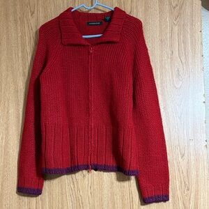 Express Jean Red Cardigan with Purple Trim